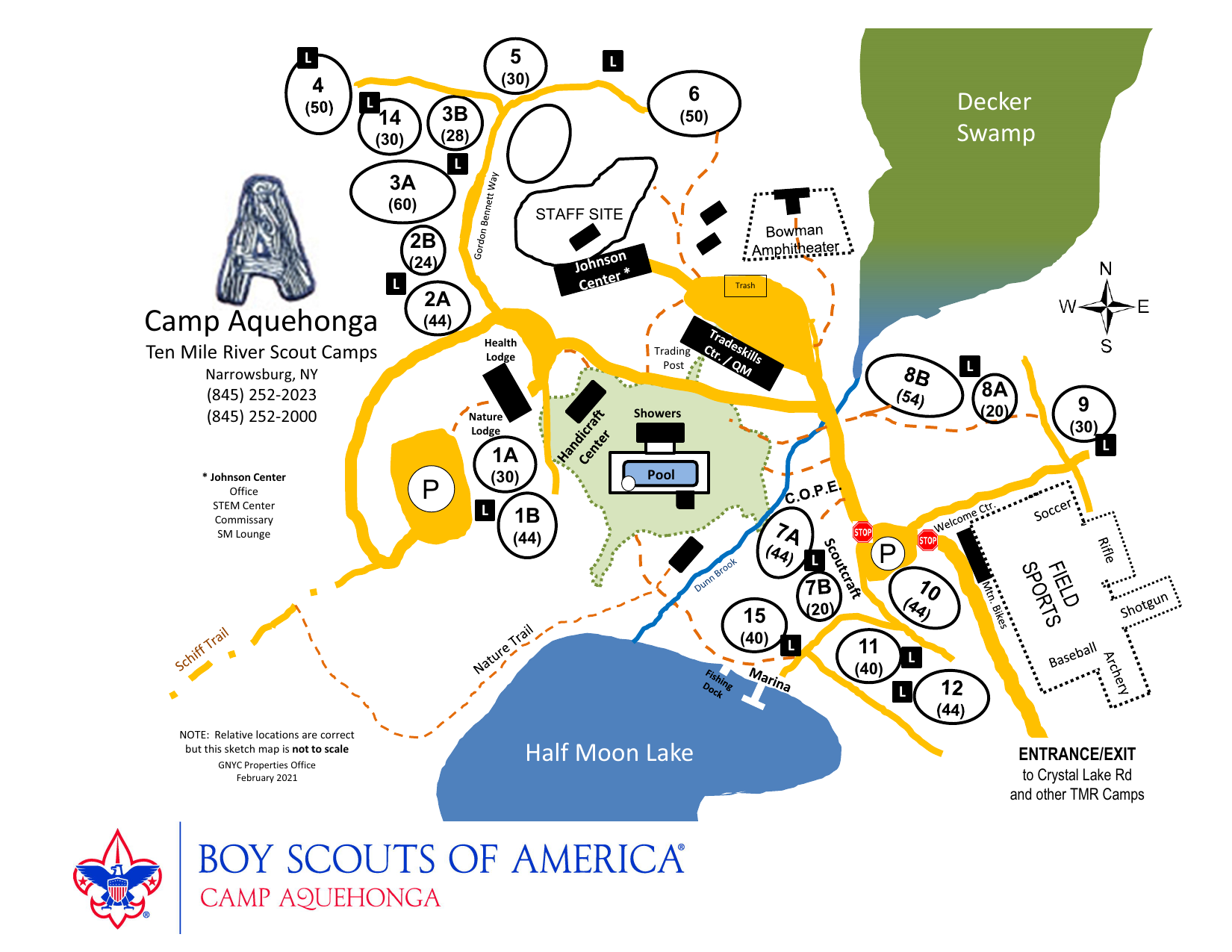 Camp Aquehonga Map — Ten Mile River Scout Camps Camp Aquehonga map — Ten Mile River Scout Camps, Narrowsburg NY: numbered campsites, Half Moon Lake, swimming pool, Scoutcraft, COPE, Field Sports, Johnson Center