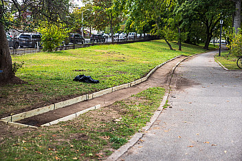 A path in Shore Road Park near 79th Street, Bay Ridge, newly edged with lumber along the lawn, during Ty's Eagle Scout project, September 27, 2025