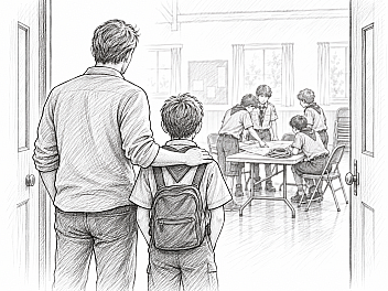 Pencil illustration for the Troop 23 Brooklyn Parent Guide: a parent and a boy arriving at the door of the parish hall while scouts work around a table with a map and a coil of rope