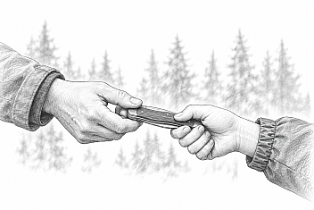 Pencil drawing of two hands passing a closed pocketknife, the giver still holding one end while the receiver's hand closes around the other