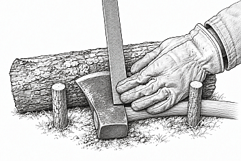 Pencil drawing of an ax being sharpened with a file outdoors: the head lies on the ground between two wooden stakes with its edge toward a log, the file crosses the edge, and a hand in a leather work glove presses its lower end against the head
