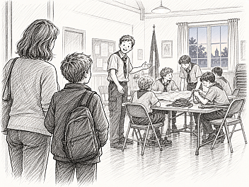 Pencil illustration for the Troop 23 Brooklyn joining page: a boy in school clothes and his mother arriving at a Monday meeting while an older Scout waves them in and the patrol works at a table behind