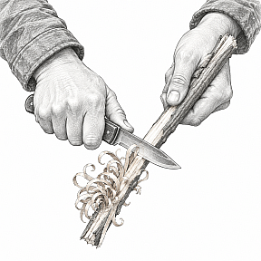 Pencil drawing of two hands carving a fuzz stick: a pocketknife shaving long thin curls down a dry stick, the curls still attached in a bunch near the lower end