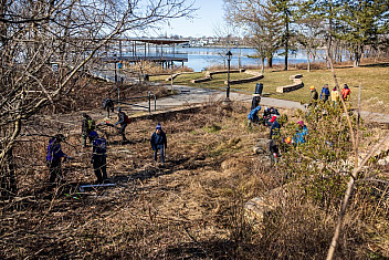 Scouts and adults clear invasive plants from a bioswale below a path in Conference House Park, Staten Island, with the park pavilion and the water behind, February 2024