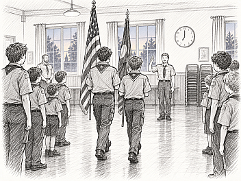 Pencil illustration of the opening of a Troop 23 Brooklyn meeting: two Scouts carry the colours forward between two ranks while the Senior Patrol Leader gives the command, the wall clock reading seven o'clock