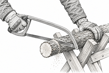 Pencil drawing of gloved hands cutting a log with a bow saw, the log resting across a wooden sawbuck and the free hand holding it away from the blade