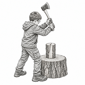 Pencil drawing of a boy in gloves and safety glasses standing at a chopping block, the ax raised with both hands over a round of wood with a crack in its end