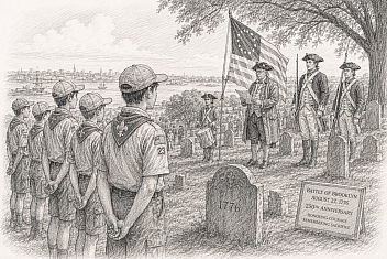 Pencil sketch of Scouts standing at attention on a cemetery hillside during a Revolutionary War commemoration, with costumed interpreters and a colonial flag nearby &mdash; illustration for Troop 23 Brooklyn's participation in the 250th anniversary of the Battle of Brooklyn at Green-Wood Cemetery.