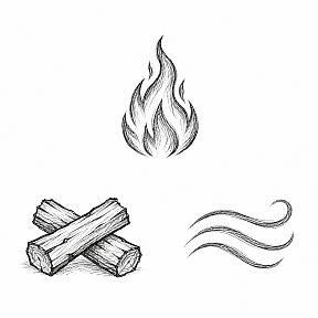 Pencil drawing of the three things a fire needs: a flame for heat, two crossed logs for fuel and curving lines of moving air