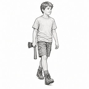 Pencil drawing of a boy walking with a hatchet in a leather sheath, his arm at his side, holding the handle just below the head with the edge turned out away from his leg
