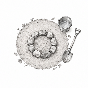 Pencil drawing from above: a ring of stones in the middle of a wide circle of cleared bare earth, a bucket of water and a shovel ready at its edge, dry leaves only outside the circle