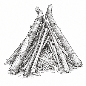 Pencil drawing of an unlit tepee fire lay: a nest of tinder under kindling leaned together in a cone, thicker sticks leaned around the outside