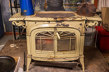 The wood-burning stove that heats Keymel Lodge at Massawepie Scout Camps in the Adirondacks, Troop 23 Brooklyn's winter weekend, January 2026