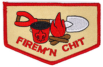 Firem'n Chit patch of Scouting America: a shovel, a red fire bucket and a campfire above the words Firem'n Chit, on a tan shield with a red border