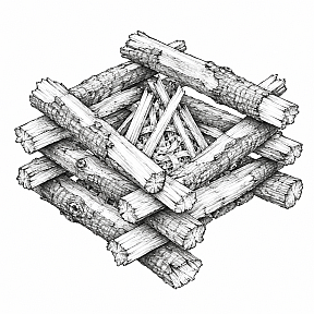 Log Cabin Fire Lay Pencil drawing of an unlit log cabin fire lay: split sticks crisscrossed in a square several layers high around a small tepee of tinder and kindling