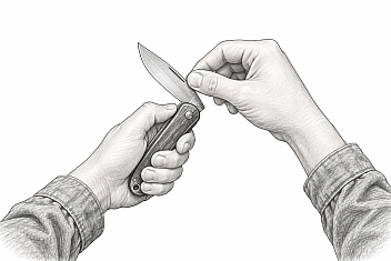 Pencil drawing of two hands opening a folding pocketknife: one hand grips the handle, the thumb and forefinger of the other pull the blade open by its back near the pivot, the edge turned away from both hands