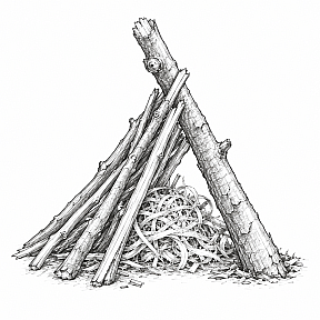Pencil drawing of an unlit lean-to fire lay: a stick set into the ground at an angle, a nest of tinder underneath it and kindling leaned against it from one side
