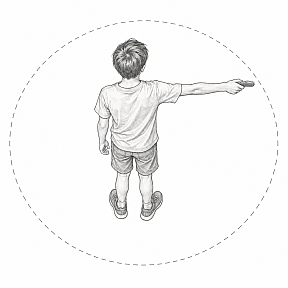 Pencil drawing of a boy seen from behind, his arm stretched out to the side holding a closed pocketknife, inside a dashed circle that marks the reach of his arm and the knife