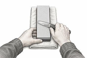 Pencil drawing of two hands sharpening a pocketknife on a whetstone set on a folded towel: one hand holds the knife by its handle with the blade laid on the stone, the other steadies the stone from the side, below its top