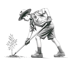DALL·E 2024-02-28 12.20.43 - Pencil drawing on a pure white background illustrating a Boy Scout engaged in a community service activity, isolated from any specific background deta