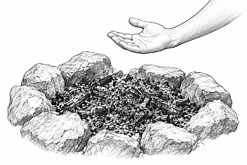 Pencil drawing of wet, stirred ashes and charcoal inside a ring of stones, with a bare hand held palm up just above them, the back of the hand toward the ashes, feeling for heat