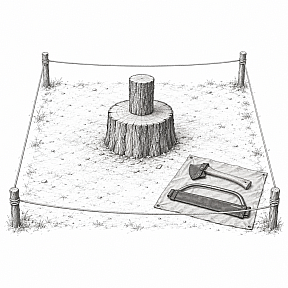 Pencil drawing of an axe yard: four stakes with a cord around a cleared square, a chopping block with a round of log in the middle, and a sheathed hatchet and a covered bow saw lying on a tarp in one corner