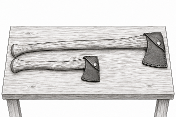 Pencil drawing of a hatchet and a camp ax in leather sheaths lying side by side on a wooden bench, the ends of their handles lined up so the difference in length shows