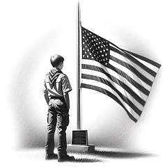 DALL·E 2024-02-28 12.27.52 - Pencil drawing on a pure white background depicting a solemn scene. An American flag is displayed at half-staff, symbolizing respect, mourning, or tri