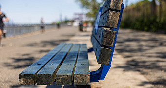 A bench freshly repainted on the Shore Parkway Greenway in Bay Ridge, Brooklyn, from Jalen's Eagle Scout project, May 16, 2026