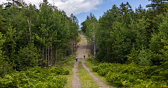 An empty gravel road running to a distant crest with two loaded touring bikes far ahead, on the way to Lunksoos, Thursday of Troop 23 Brooklyn's Adventure Trek, August 13, 2026