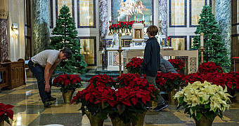 A Troop 23 Brooklyn Scout and an adult set out poinsettias in the sanctuary of Our Lady of Angels Church, Bay Ridge, between the two Christmas trees, December 2025