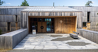 The Tekαkαpimək Contact Station, the visitor centre of Katahdin Woods and Waters National Monument, opened in 2024 on a ridge above the East Branch of the Penobscot and designed with the Wabanaki Nations, Friday of Troop 23 Brooklyn's Adventure Trek, August 14, 2026